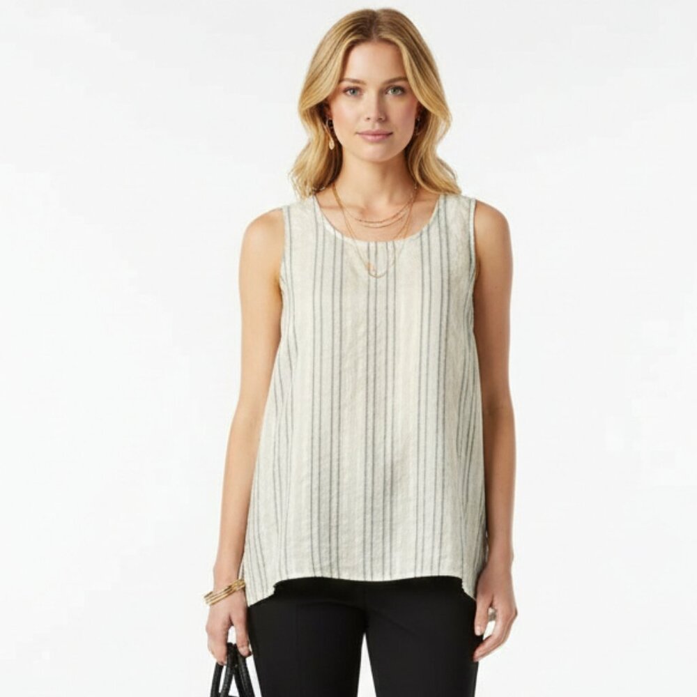 Ellen Tracy 100% Linen Ivory & Blue Striped Sleeveless Top L‎